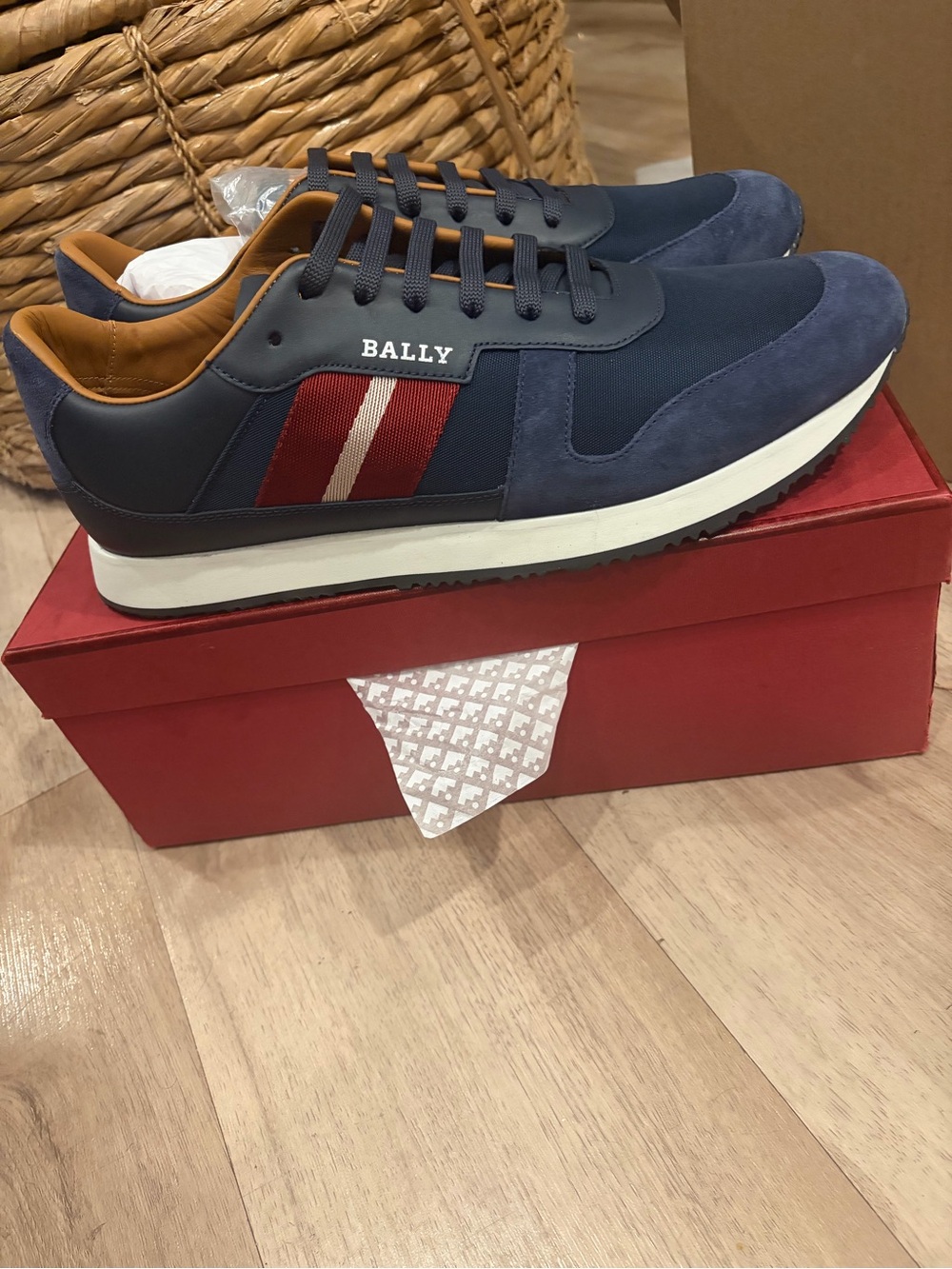 Bally Men’s Sprinter Sneaker (size:13)Navy Suede & Nylon with Red Stripe